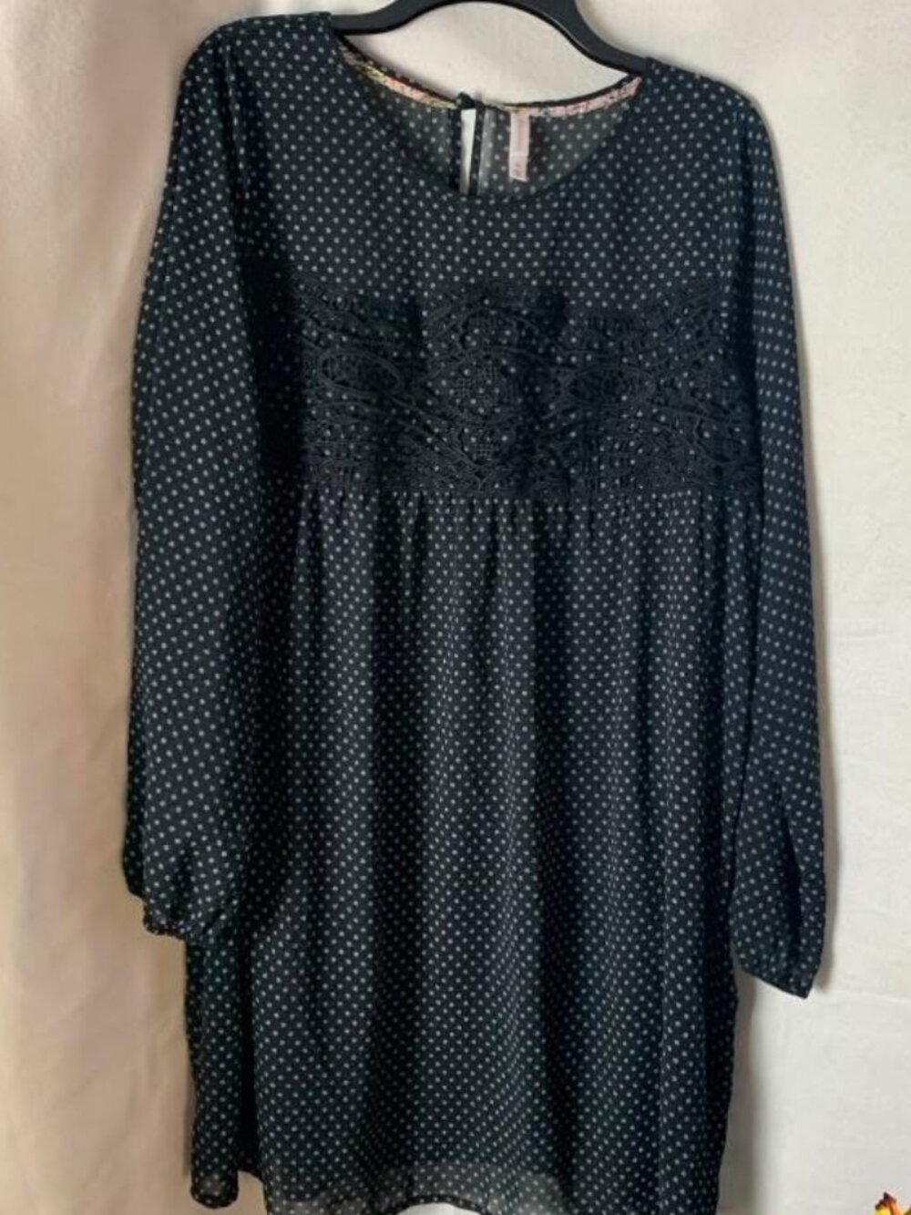 EUC Xhiliration Women's Sheer Black with White Polka Dots Dress size XL
